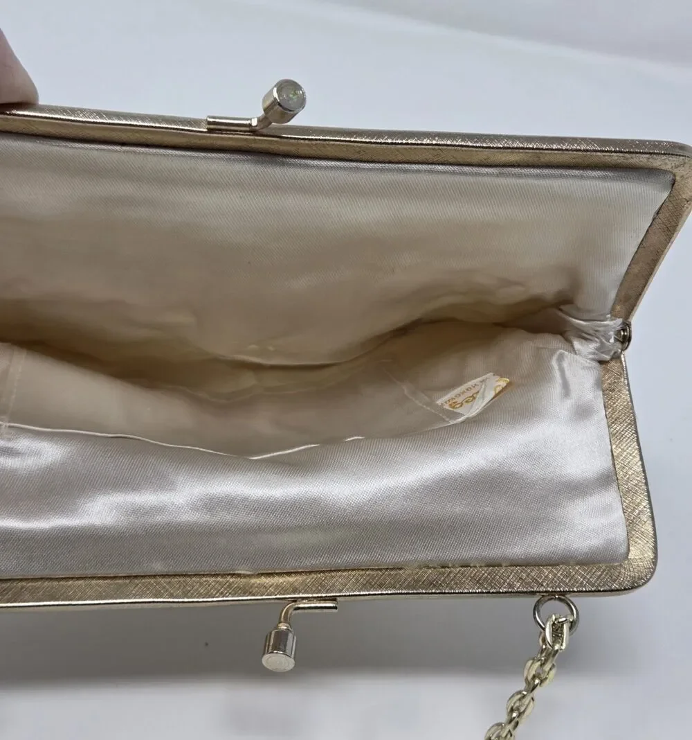 Vintage La Regale Beaded Evening Purse‎ Ivory Satin Kiss Lock Hong Kong Wedding